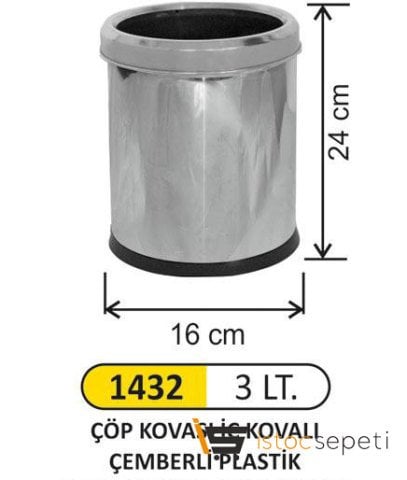 Arı Metal Ofis Tipi İç Kovalı Çemberli Paslanmaz Çöp Kovası 3 L 1432