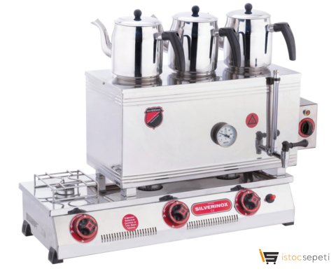 SilverInox 60 Model Ekonomik Çay Ocağı Çift Taban 3 Demlikli 33 L Doğalgazlı