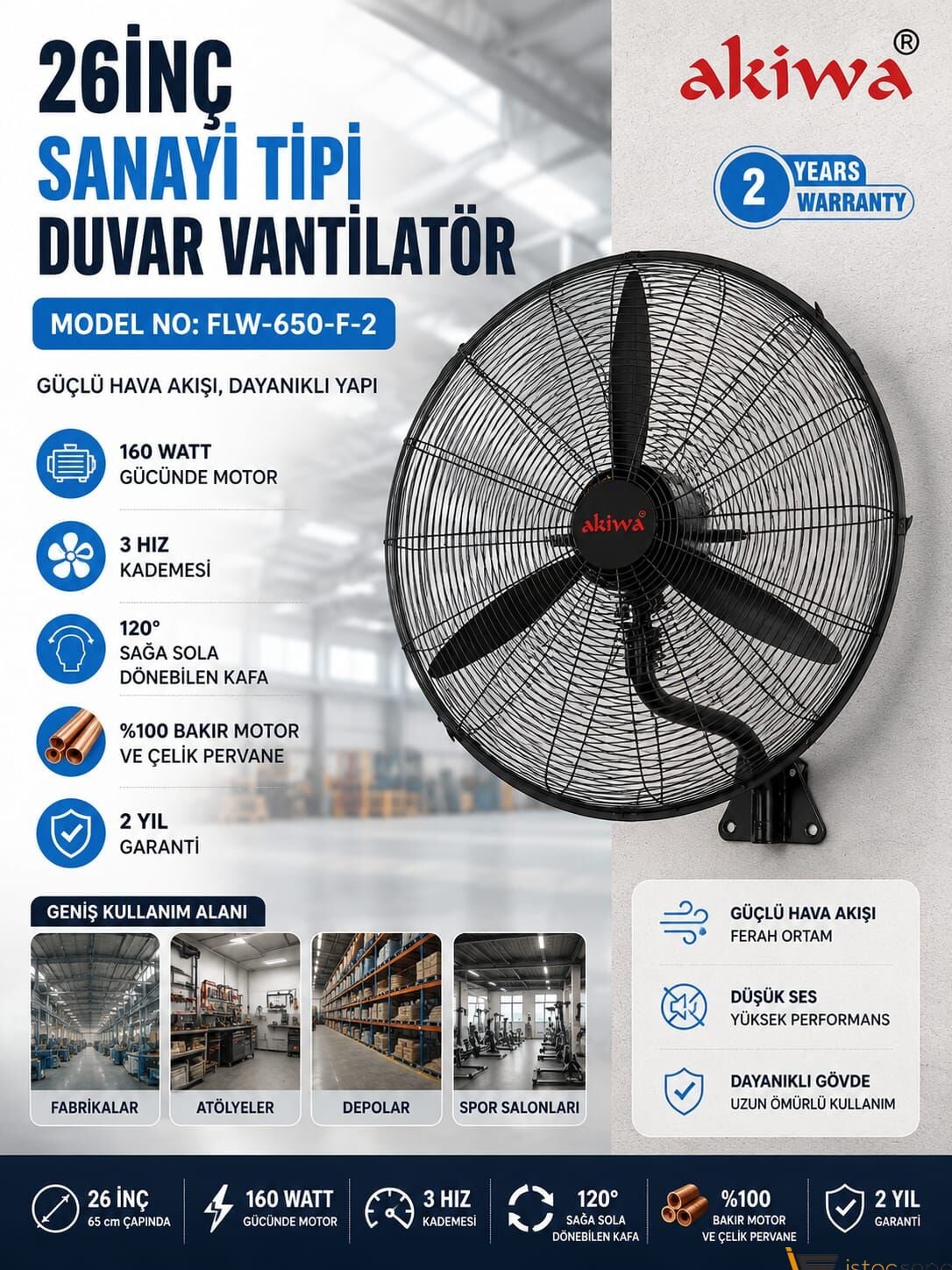 ASVEN 26İNÇ  SANAYİ TİPİ  DUVAR VANTİLATÖR  MODEL NO: FLW-650-F-2