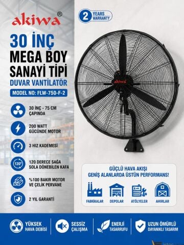 ASVEN 30 İNÇ MEGA BOY SANAYİ TİPİ  DUVAR VANTİLATÖR  MODEL NO: FLW-750-F-2