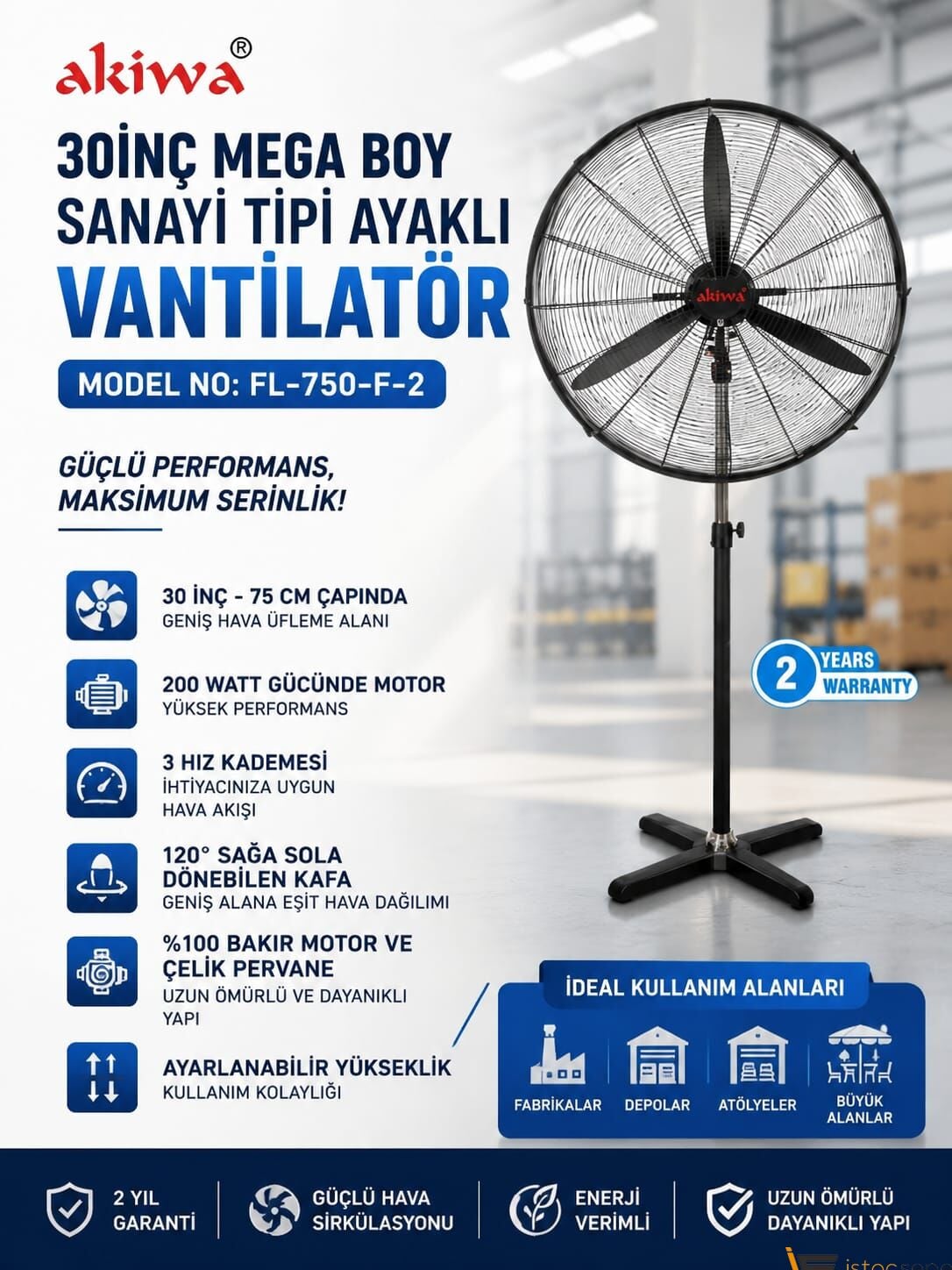 ASVEN 30İNÇ MEGA BOY SANAYİ TİPİ AYAKLI  VANTİLATÖR  MODEL NO: FL-750-F-2