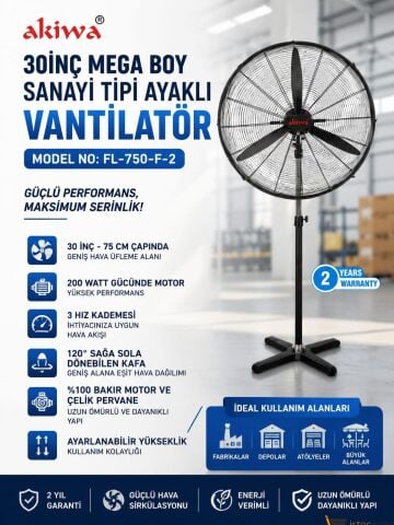 ASVEN 30İNÇ MEGA BOY SANAYİ TİPİ AYAKLI  VANTİLATÖR  MODEL NO: FL-750-F-2