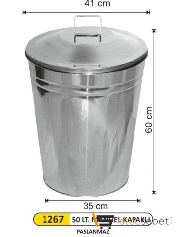 Arı Metal 1267 Paslanmaz Manuel Kapaklı Çöp Kovası 50 Litre