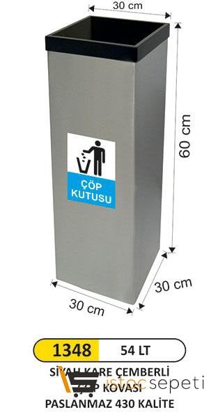 Arı Metal 1348 54 Lt Siyah Kare Çemberli Çöp Kovası Paslanmaz 430 Kalite 30X30X60 Cm