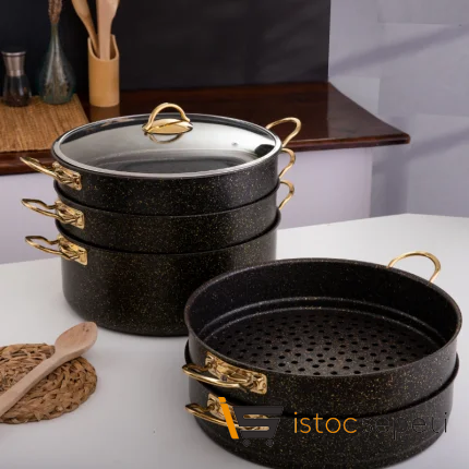 6 Parça 30 Cm Ezme Seri Mantı Tencere Seti, Buharlı Pişirici Set 7,5 Lt