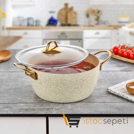 32 Cm Cream Ezme Seri Derin Tencere 9 Lt (Gold Çelik Kulp)