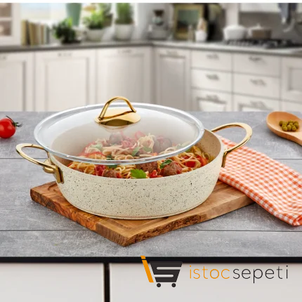 26 Cm Cream Ezme Seri Basık Tencere 2,8 Lt (Gold Çelik Kulp)