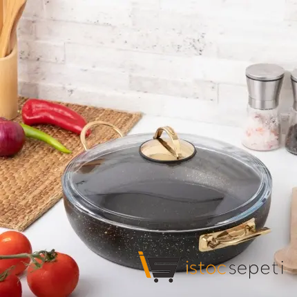 28 Cm Gold Stone Güveç Basık Tencere 3.6 Lt (Gold Çelik Kulp)