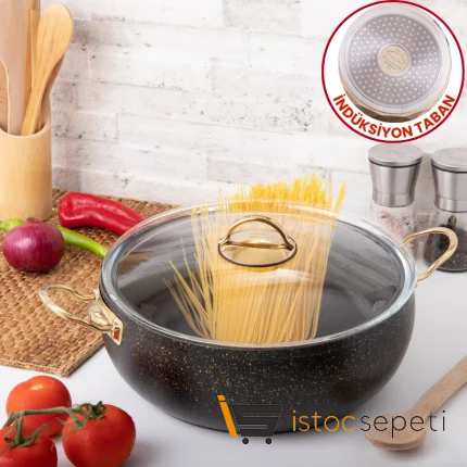 20 Cm Gold Stone İndüksiyon Tabanlı Güveç Derin Tencere 2.35 Lt (Gold Çelik Kulp)