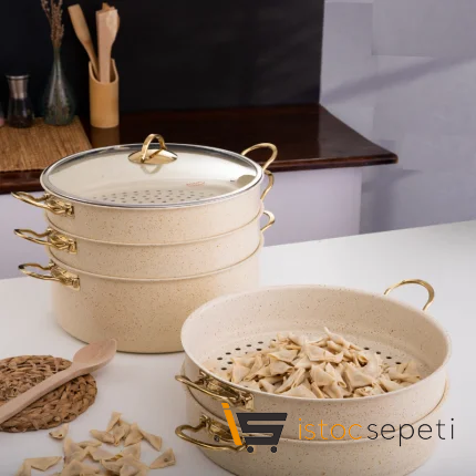 6 Parça 32 Cm Cream Ezme Seri Buharlı Pişirici Mantı Tencere Seti 9 Lt